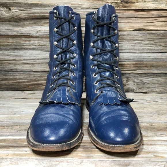 VINTAGE Justin Boot L0527 Western Kiltie Roper Blue Leather Boots Women US 7.5 N - Picture 3 of 10